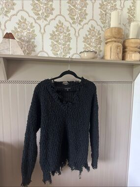 Black Distressed V-Neck Women's Sweater